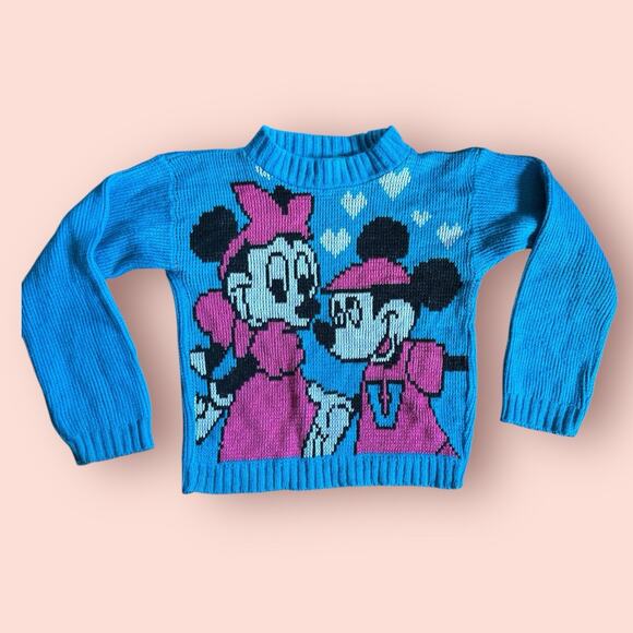 Vtg 80s Disney Blue Mickey Minnie Knit Sweater Girls Medium 8/10 Heart Pink - Picture 1 of 2